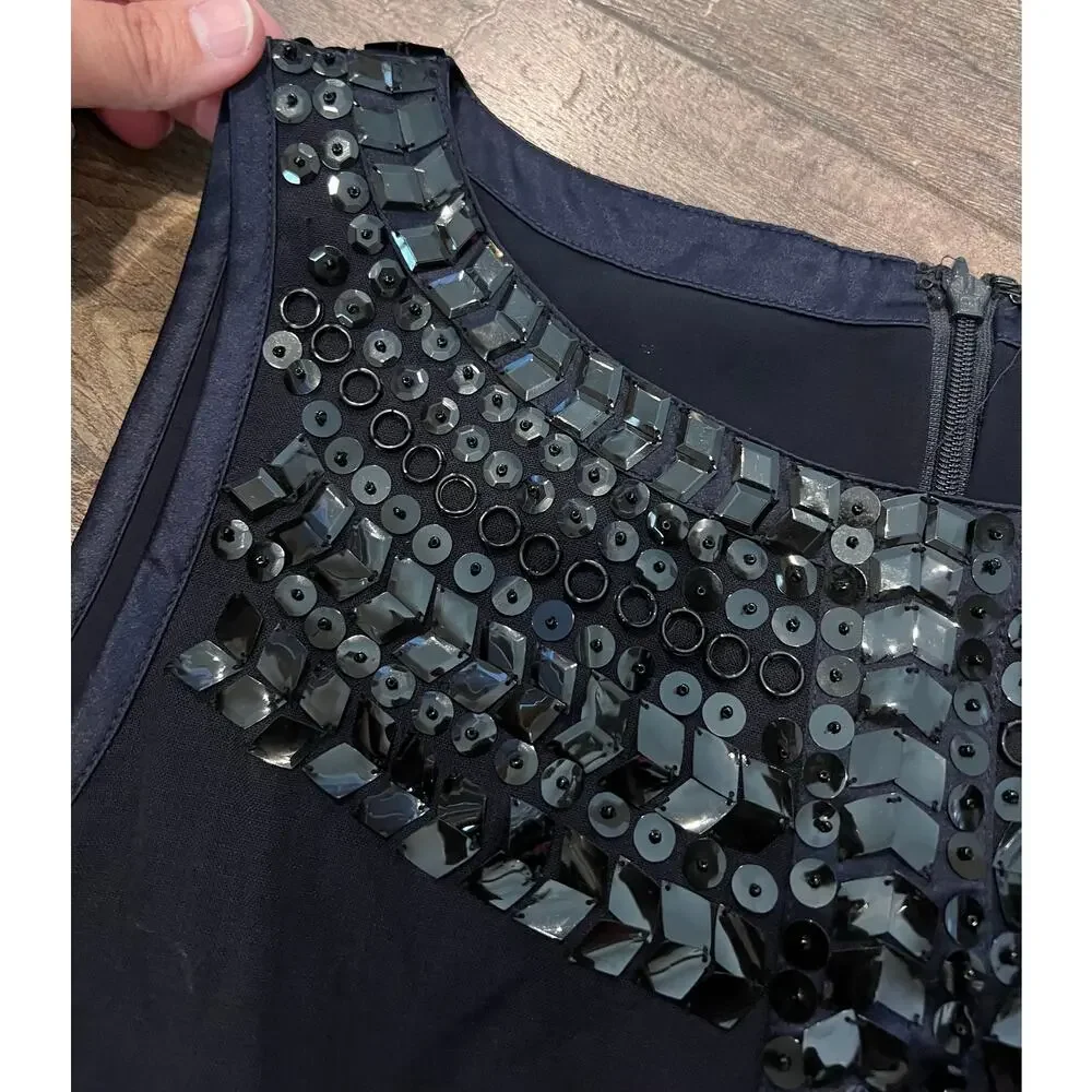Tory Burch Navy Blue Silk Sleeveless Blouse Sequin Crystal Embellished Top